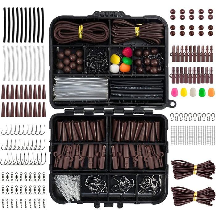 278pcs Matériel à la Carpe avec Boîte Portable Accessoires Prêts à emploi Kit appâts pour 278pcs Brun