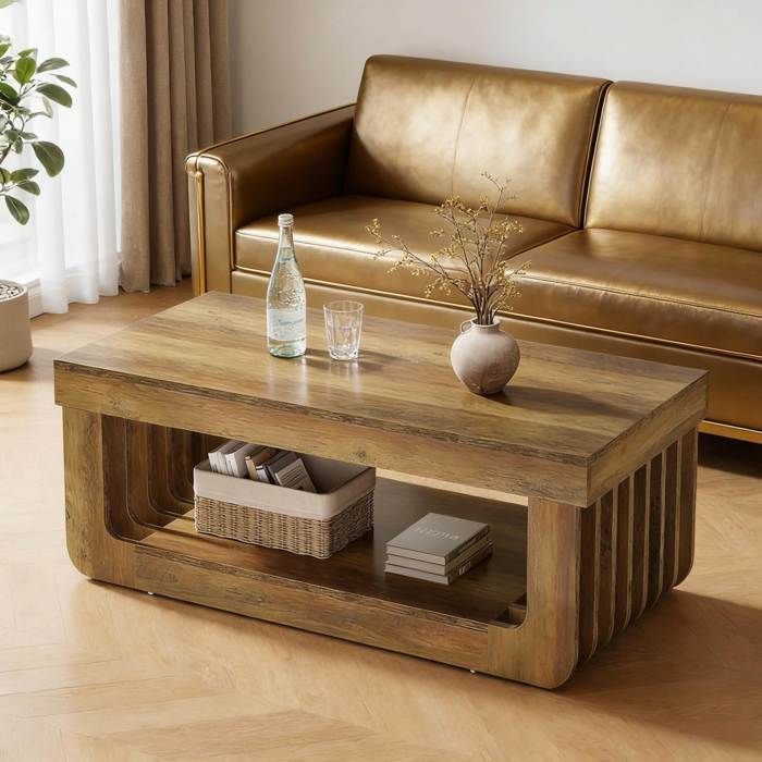 Table basse 120x60x45 cm à 2 niveaux avec tablette ouverte. pieds réglables. pour salon. MDF marron
