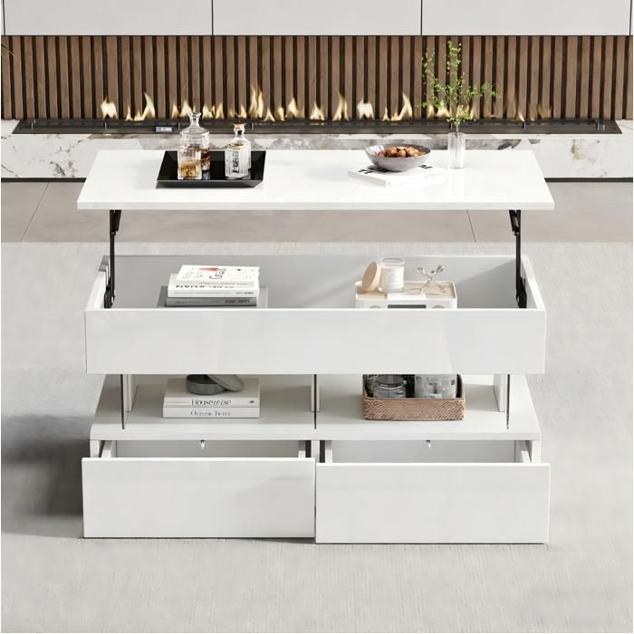 Table basse relevable blanche 100 x 50 x 46 cm avec LED rangement caché 2 tiroirs MDF