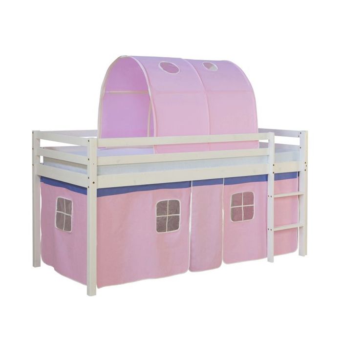 Lit mi-hauteur enfant - HOMESTYLE4U - HomeStyle4U 1480 - 90x200 cm - MDF/pin - avec échelle et rideau rose