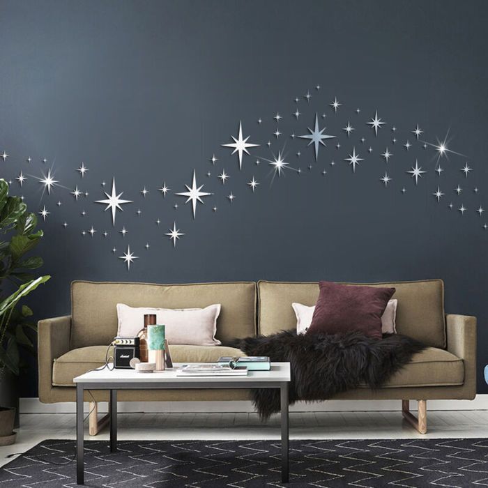 Miroir Etoile 82pcs 3D Stickers Muraux Etoile Argent Amovible Miroir Mural Autocollant Enfant Acrylique Miroir Decoratif Mural A