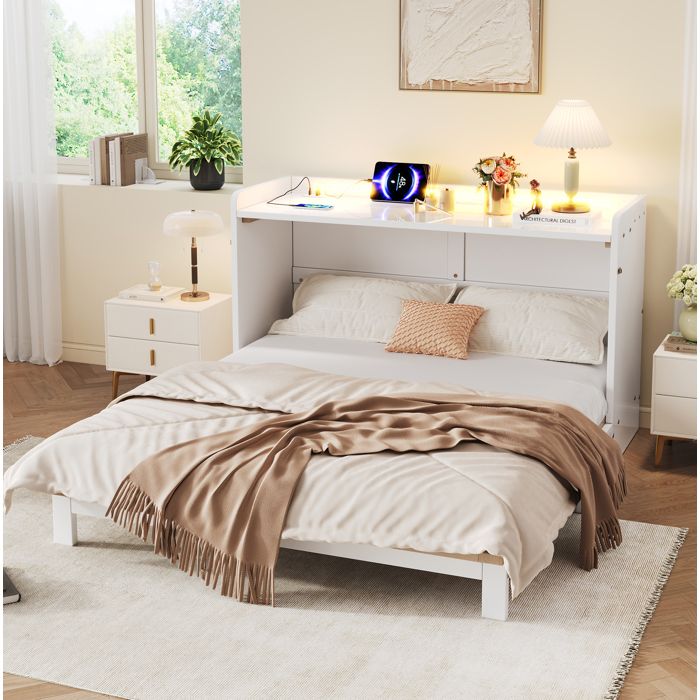 Lit escamotable 140 x 200 cm EVRYAE avec tiroirs LED prise et USB convertible en armoire blanc