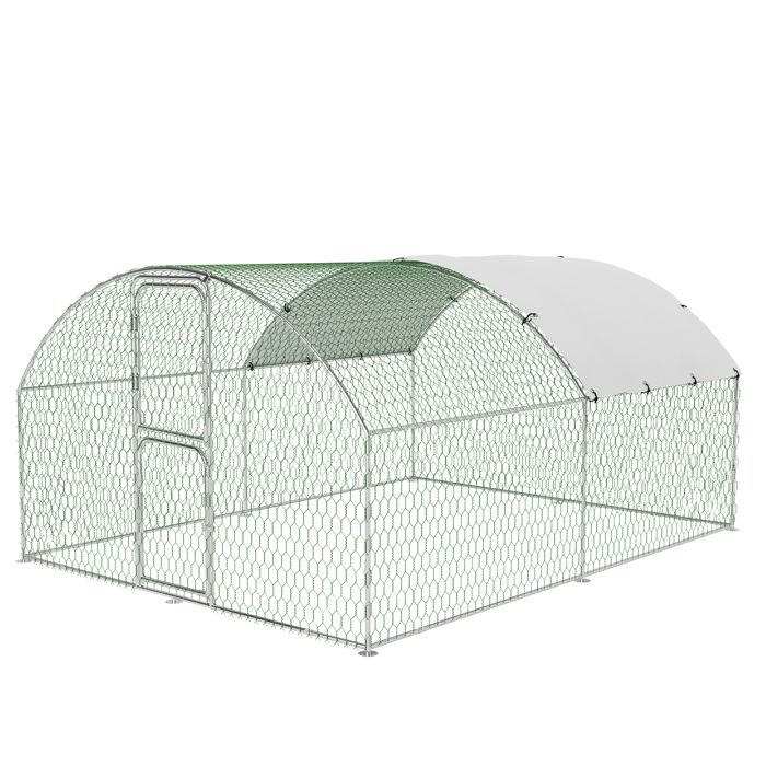 Grand Poulailler Métallique en Acier Galvanisé Toit Imperméable Anti-UV Parc Grillagé Portable Portes voûtées 3x4x2m Argenté