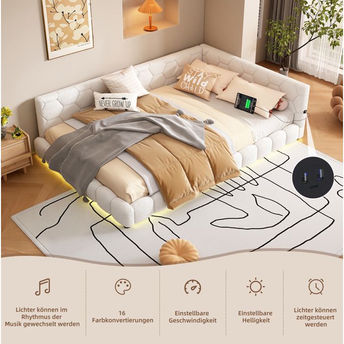 Lit banquette double 140×200 cm avec LED 16 couleurs USB Type-C et sommier à lattes sans matelas - UVRION
