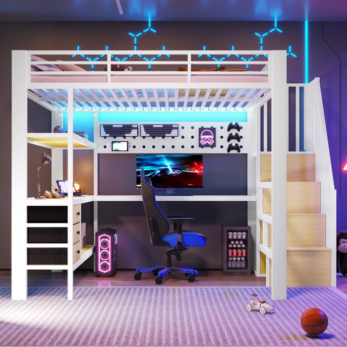 Lit mezzanine 140x200 cm avec tiroirs panneau de rangement table prise électrique et éclairage LED (fauteuil gaming non inclus)