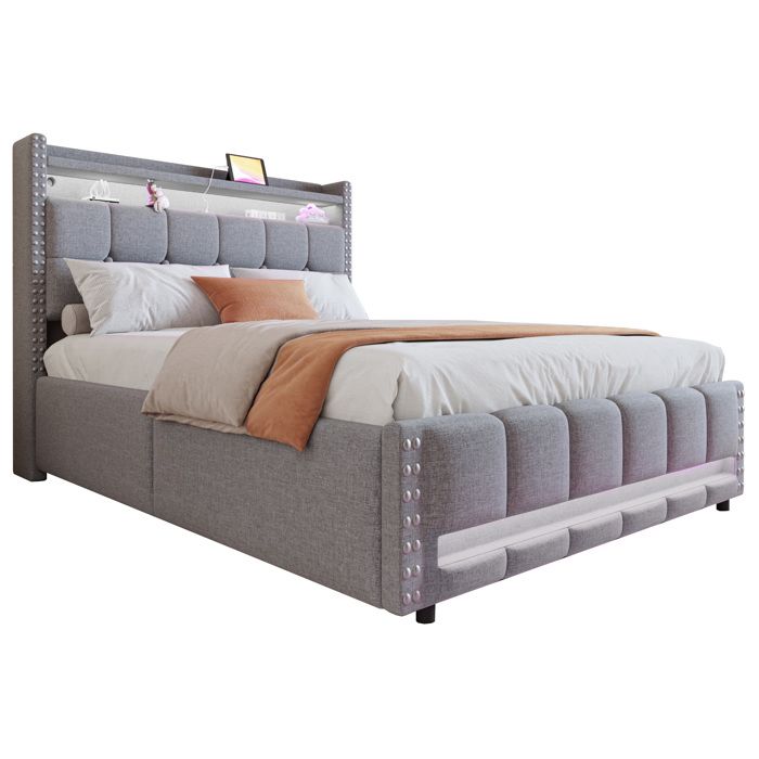 Lit double 140x200cm avec éclairage LED prise USB rangement sous-lit hydraulique et tête de lit avec étagères