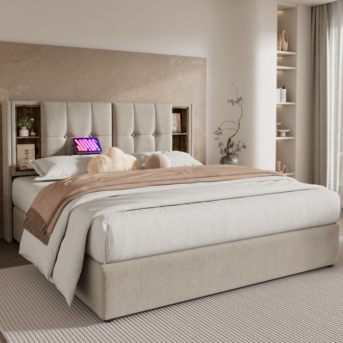 Lit double rembourré avec rangement - 180x200 cm - Charge sans fil - Ports USB et Type-C - Rangement intégré