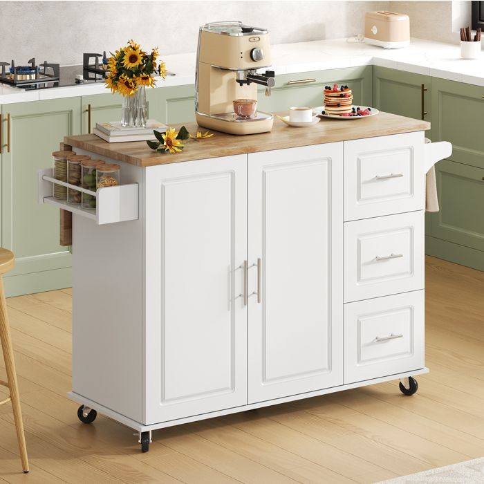 Desserte de cuisine 137x43-76x92 cm plateau rabattable 3 tiroirs 2 portes MDF blanc roulettes