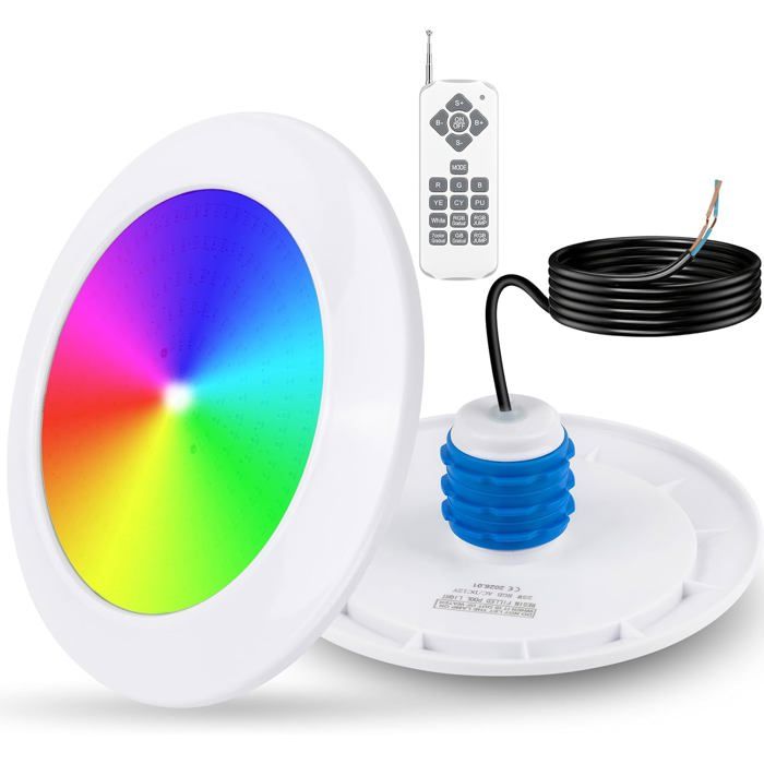 Projecteur Piscine Vissable avec Filetage 1 1/2 25W RGB LED Eclairage Piscine avec Télécommande Ø180mm IP68 Étanché Lampe 12V AC/DC