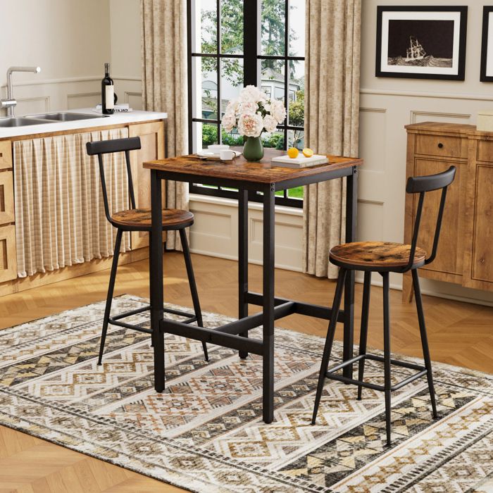 Ensemble table haute de bar et 2 chaises de cuisine Mange-Deboutcadre en métal- Style Industriel salle à manger-60x60x92cm-Brown