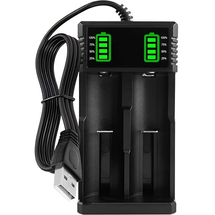 18650 Chargeur de Batterie 3 7V 2 Slots Chargeur Accu écran LCD Peut Afficher la Capacité Charge Rapide avec Câble USB pour Noir