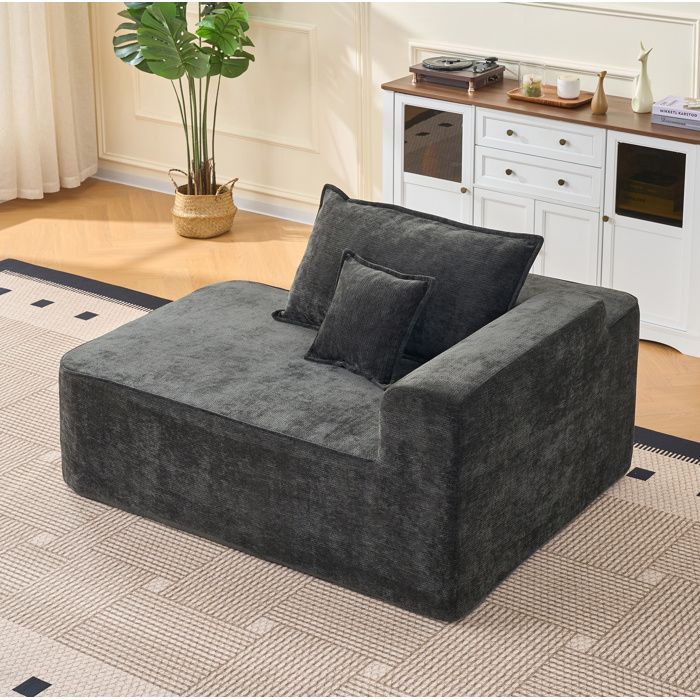 Canapé chaise longue sans montage noir avec coussins et poches de côté tissu doux et confortable