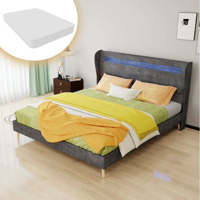 MEUBLIV Lit rembourré 160 x 200 cm gris avec tête de lit LED sommier à lattes et matelas inclus