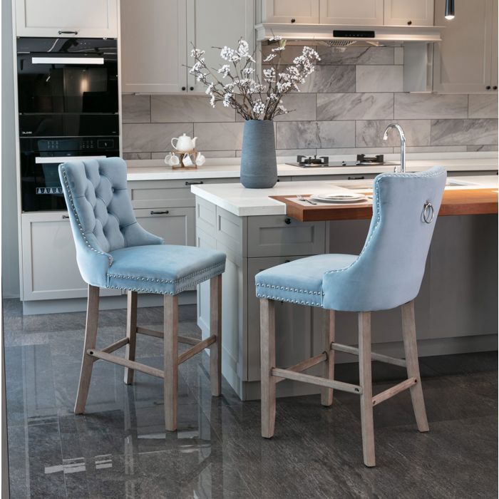COVREO Lot de 2 tabourets de bar en velours bleu clair dossier haut capitonné clous décoratifs bois massif