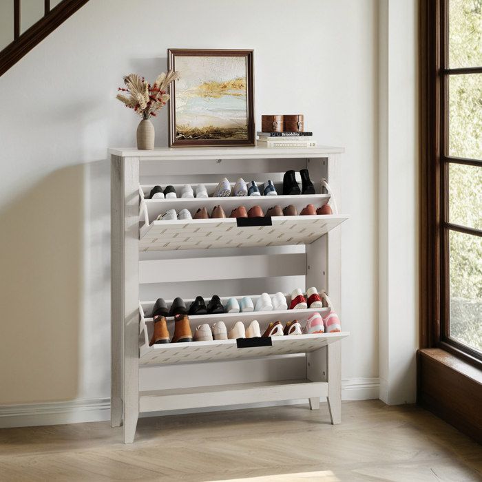 Meuble à chaussures 80 cm blanc vintage avec 2 abattants rangement d’entrée en MDF et pieds en bois massif