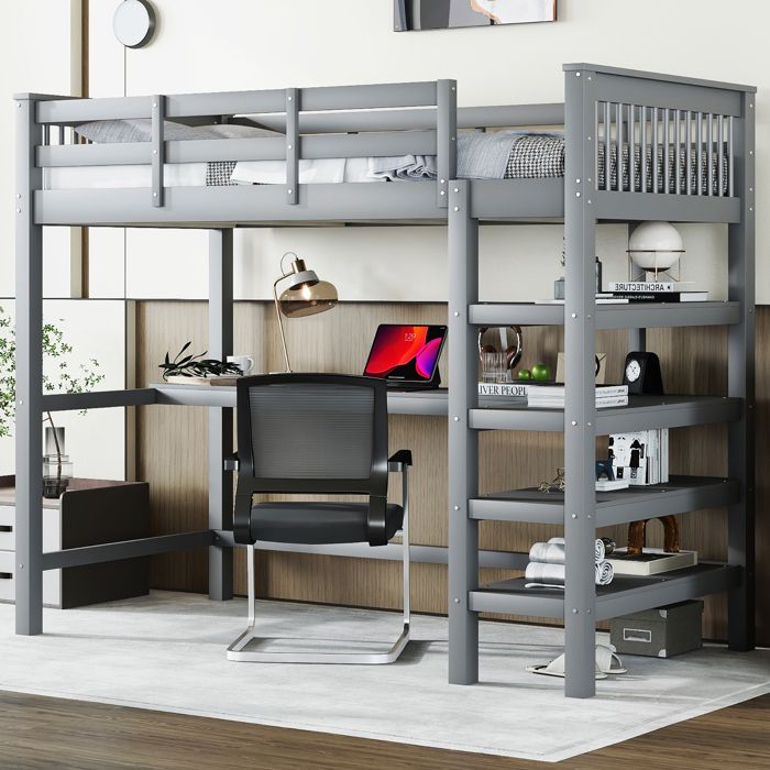 Design solide et sécurisé lit mezzanine surélevé avec bureau intégré couleur gris