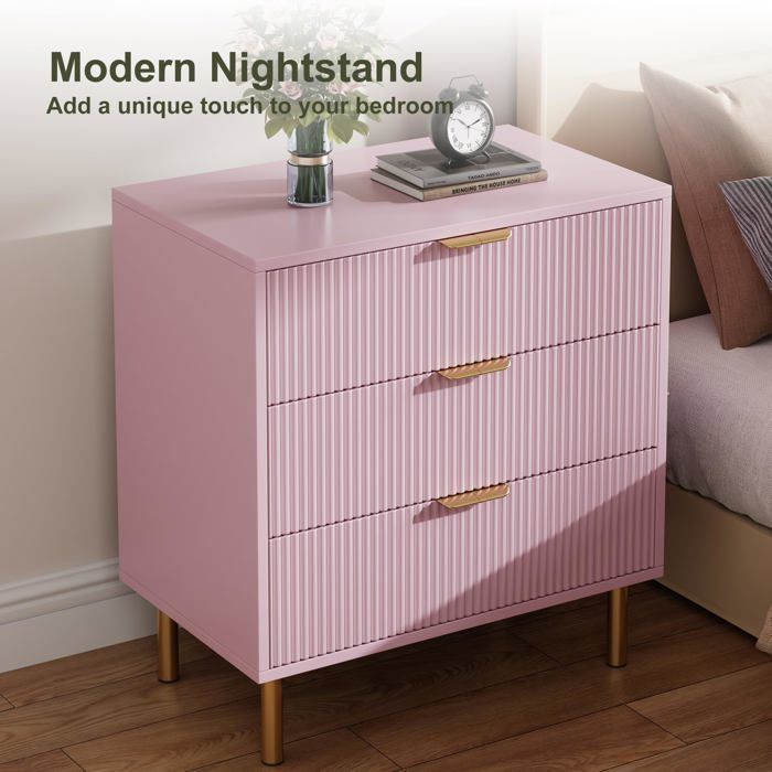 Commode 3 tiroirs rose poignées dorées grand rangement table de chevet/appoint pour chambre salon entrée couloir
