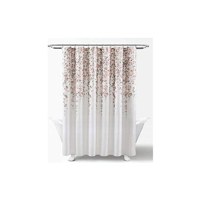 Ce rideau de douche orné dun motif floral et de tons gris rosés respire la vitalité. Il mesure 180 x 180 cm.