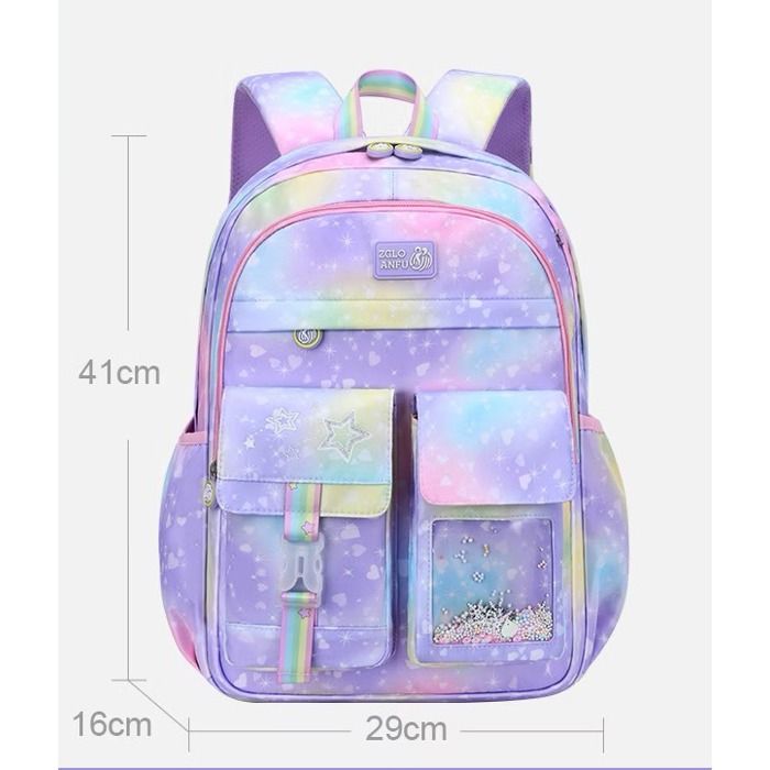 XJYDNCG Cartable Fille Primaire Sac À Dos Scolaire - Enfant 41x29x16cm - Motif Arc-en-ciel Paillettes - Violet Pastel