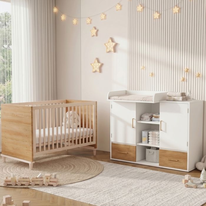 Ensemble table à langer et lit bébé - Table à langer multifonctionnelle - Lit à barreaux 70x140 cm