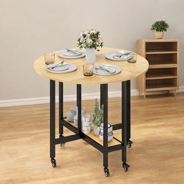 Table à manger pliante carrée en chêne roulettes verrouillables et étagère intégrée 100x100 cm