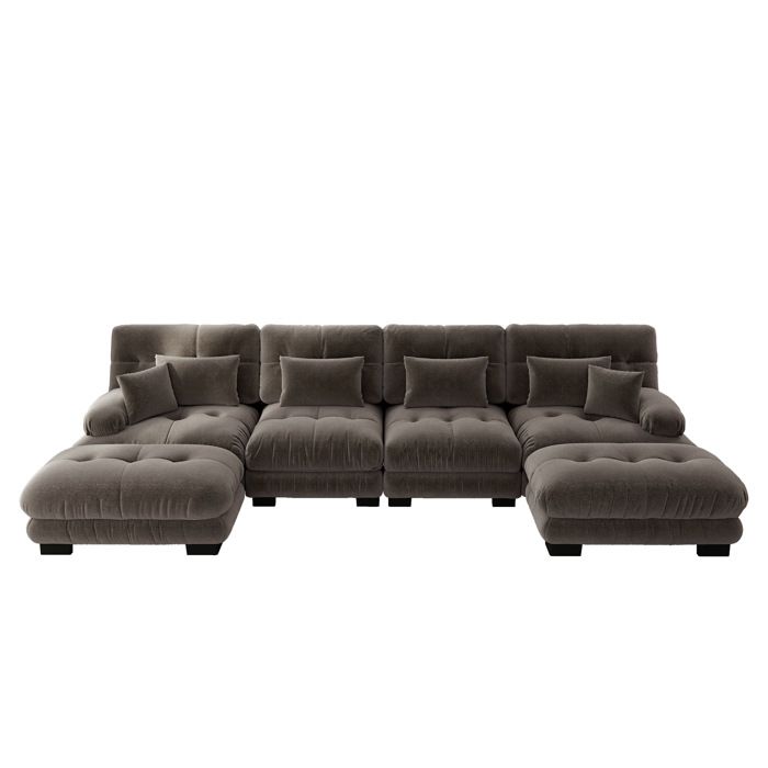 COVREO Canapé modulable en U 4 places chenille vintage marron avec ottomans mobiles