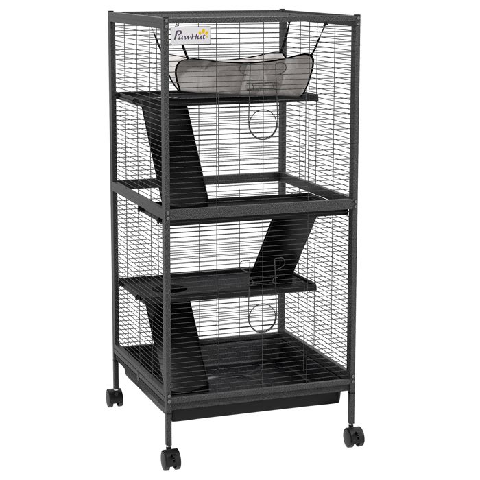 FSX Cage pour cochons dInde et chinchillas en acier à 3 niveaux avec roues et plateau amovible gris