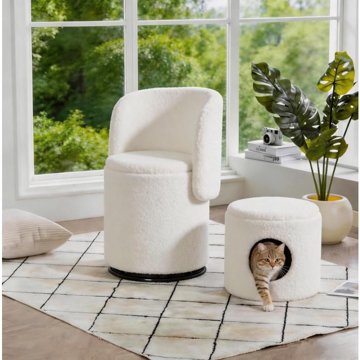 Fauteuil pivotant 360° avec rangement intégré teddy blanc chaise tonneau 48x52x75 cm tabouret chat offert JOINERY