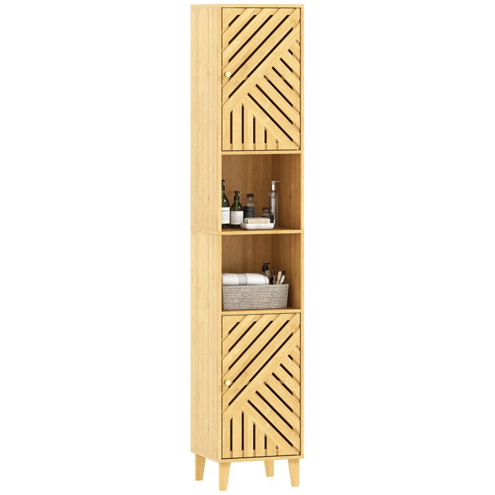 Armoire salle de bain meuble de rangement colonne portes en bambou étagères réglables 32x30x170cm bois naturel