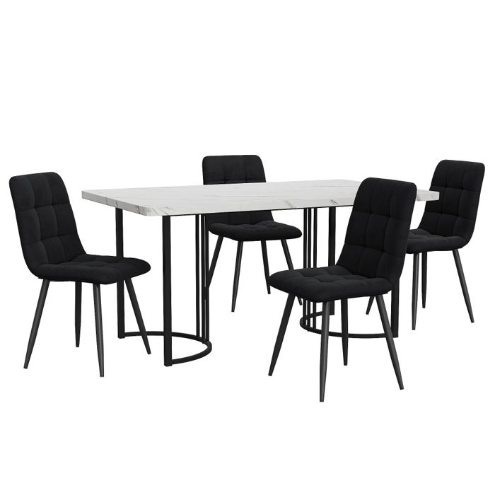 Ensemble table à manger 4 personnes 140 × 80 cm plateau MDF blanc pieds métal noir chaises velours noir
