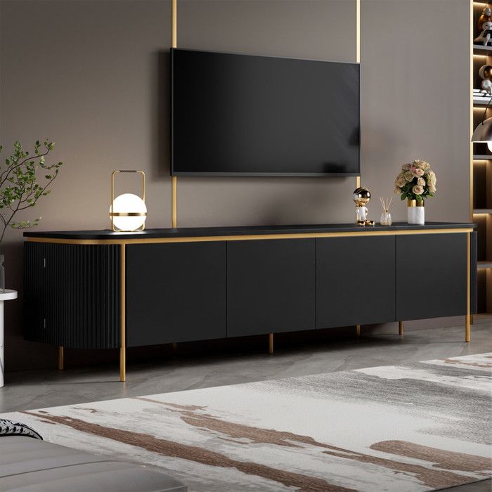 Bladez - Meuble TV ovale 180x38x46 cm avec 6 portes et pieds en fer style moderne idéal pour le salon - Noir