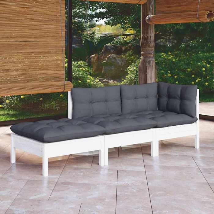 Blanc Meuble de jardin - VIDAXL - Salon de jardin - (3 pcs) - avec coussins Bois de pin massif m884