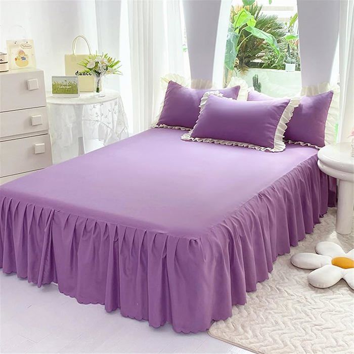 Jupe de Lit à Volants Microfibre Cache-Sommier Antidérapant avec Ourlet Élastique 150x200 cm Violet 2 Taies 48x74 c JETEE DE LIT