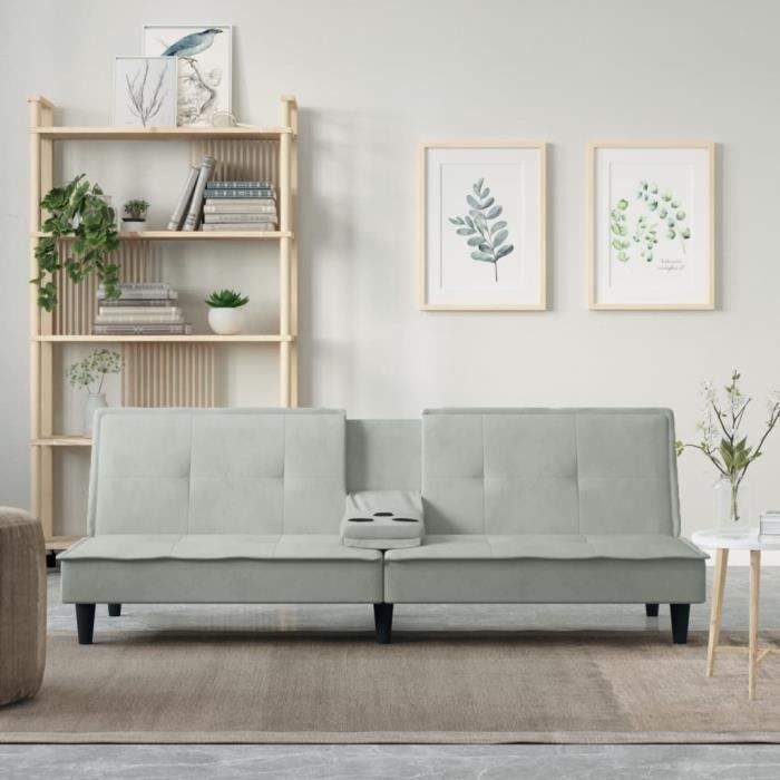 Canapé-lit avec porte-gobelets gris clair velours-AKO7370392653324