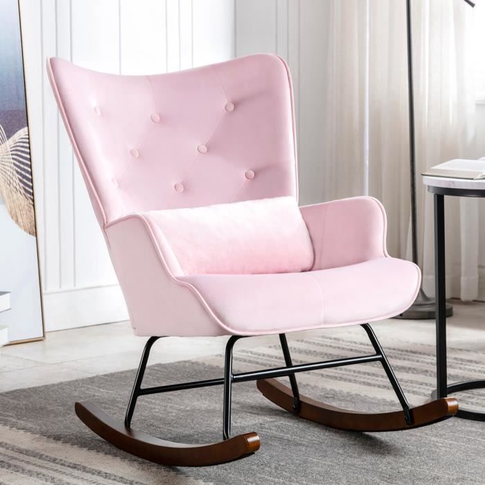 Fauteuil A Bascule Scandinave Chaise A Bascule Velours Pieds en Bois pour Salle d'Allaitement Salon Chambre à Coucher Bureau,Rose