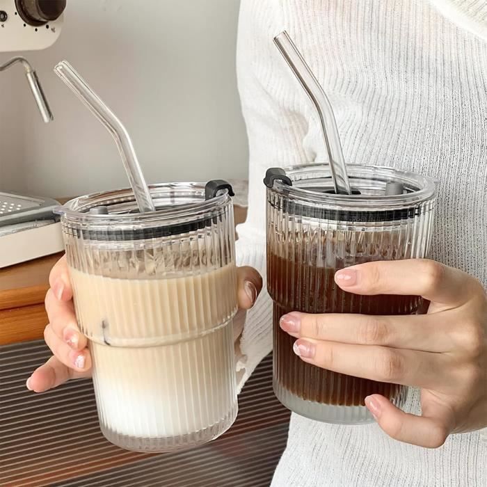 2 Tasses En Verre Vintage Avec Couvercle Et Paille - 400ml - Design Rayé - Pour Smoothie, Café Glacé, Jus
