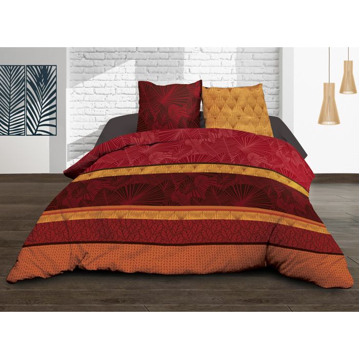 Parure Drap plat + drap-housse 140x190 + 2 T - Pur coton 57 fils - Jade rouge