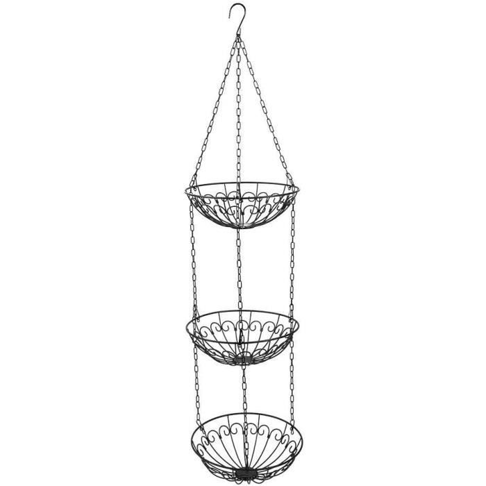 Panier à Fruits Suspendu 3 Étages - Rangement Cuisine Noir - Pour Légumes Et Fruits