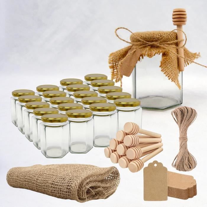 20x Pot de Miel Hexagonal avec Couvercle 270ml + 20x Cuillère de Miel + 20x Bande de Tissu + 20x Étiquette Kraft + Ficelle