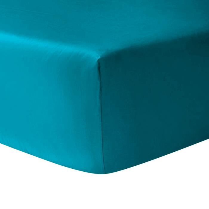 Drap housse - BLEU - 90 x 190 cm - 100% coton - Lavable en machine - Uni