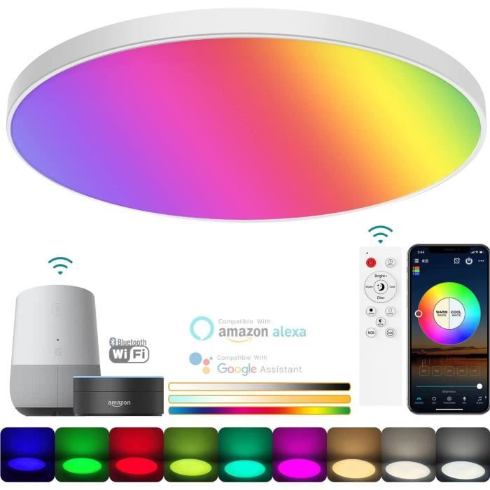 Plafonnier LED RGB Dimmable 30W Ronde Lampe de Plafond Chambre avec Télécommande et APP Compatible Alexa Google Home A277