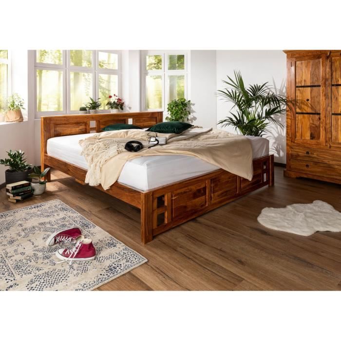 Stucture lit 180x200 - Bois massif dacacia laqué (Miel) - Style colonial - OXFORD #0253