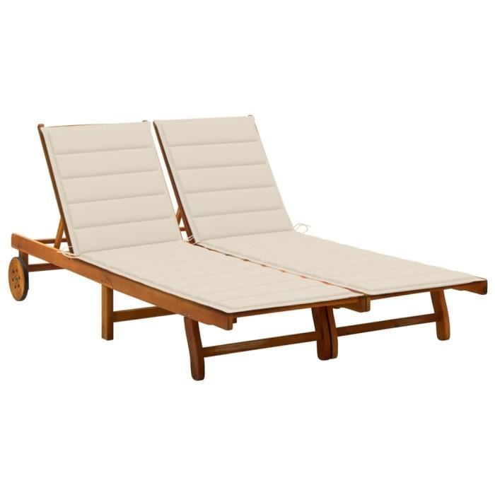 CHEZ STAR® Luxe Chaise longue de jardin 2 places avec coussins Acacia solide Haut de gamme FR8362