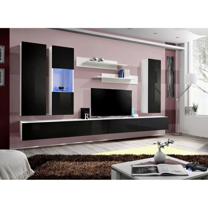 meuble tv mural suspendu fly e5 - price factory - blanc et noir brillant - 5 portes - led - 320cm