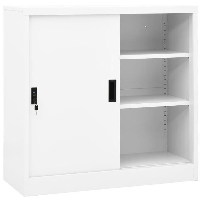 armoire de bureau avec porte coulissante - ingshop - blanc - acier - 90x40x90cm - 2 étagères réglables - serrure