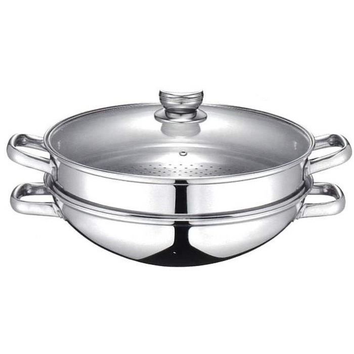 Wok 2 en 1 BAUMALU Tous feux dont induction Couvercle verre 32 cm