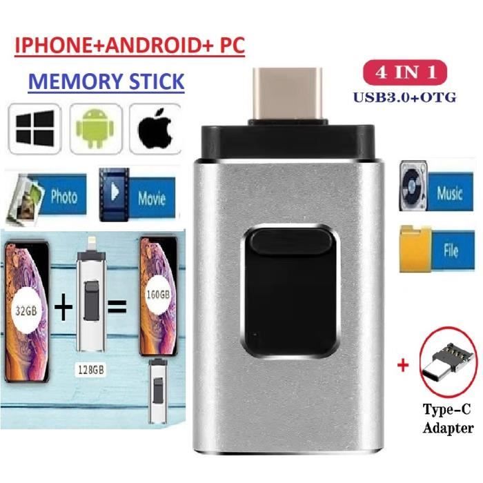 Clé USB 64 Go 4-en-1 Pour IPhone, IPad, Android, PC - USB 3.0, Transfert Rapide, Design Argenté