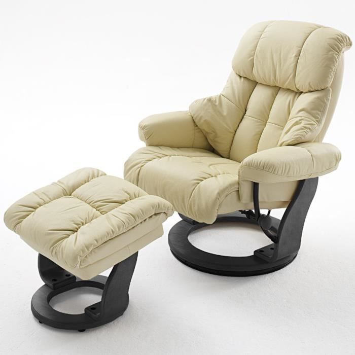 fauteuil relax clairac assise en cuir crème pied en bois noir avec repose pied blanc cuir inside75