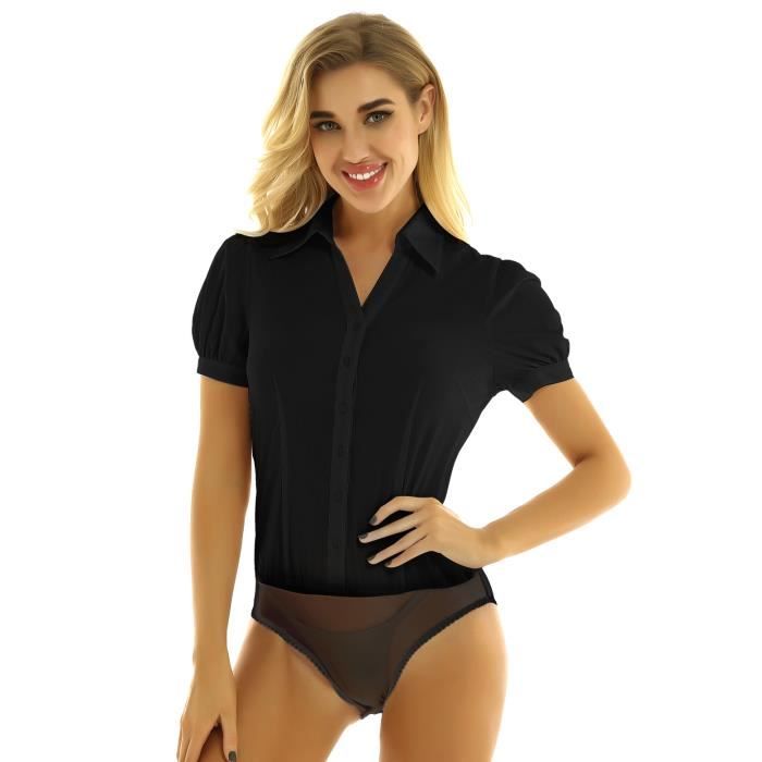 Chemise A Manches Courtes Femme Chemisier Body String Une Piece Body Shirt Blouse Combinaison Soiree Cocktail S Xl Noir Blanc Noir Cdiscount Pret A Porter