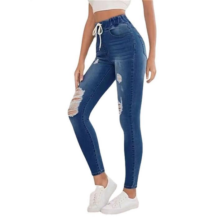 FUNMOON Jeans Femmes Taille Élastique Déchiré Lacets Pantalon À Petites Jambes Pantalons Crayon Nouveau